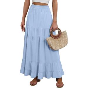 image:imageANRABESS Womens Maxi Skirt Elastic High Waist Swing Tiered Aline Flowy Pleated Boho Beach Vacation Long SkirtsLight Blue