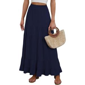 image:imageANRABESS Womens Maxi Skirt Elastic High Waist Swing Tiered Aline Flowy Pleated Boho Beach Vacation Long SkirtsNavy Blue