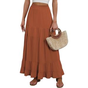image:imageANRABESS Womens Maxi Skirt Elastic High Waist Swing Tiered Aline Flowy Pleated Boho Beach Vacation Long SkirtsRust