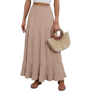 image:imageANRABESS Womens Maxi Skirt Elastic High Waist Swing Tiered Aline Flowy Pleated Boho Beach Vacation Long SkirtsTan Brown