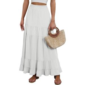 image:imageANRABESS Womens Maxi Skirt Elastic High Waist Swing Tiered Aline Flowy Pleated Boho Beach Vacation Long SkirtsWhite