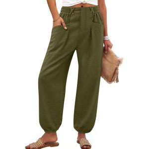 image:imageANRABESS Womens Pants Elastic Waist Summer Casual Harem Barrel Lounge Work Slacks Cropped Beach Vacation Clothes with PocketsArmy Green