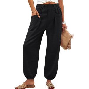 image:imageANRABESS Womens Pants Elastic Waist Summer Casual Harem Barrel Lounge Work Slacks Cropped Beach Vacation Clothes with PocketsBlack
