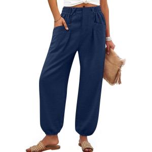 image:imageANRABESS Womens Pants Elastic Waist Summer Casual Harem Barrel Lounge Work Slacks Cropped Beach Vacation Clothes with PocketsNavy Blue