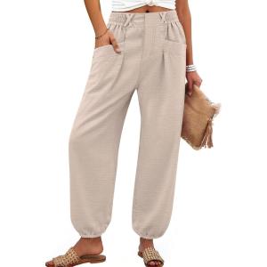 image:imageANRABESS Womens Pants Elastic Waist Summer Casual Harem Barrel Lounge Work Slacks Cropped Beach Vacation Clothes with PocketsParchment