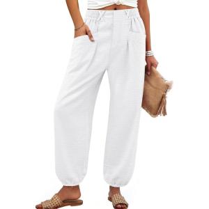 image:imageANRABESS Womens Pants Elastic Waist Summer Casual Harem Barrel Lounge Work Slacks Cropped Beach Vacation Clothes with PocketsWhite