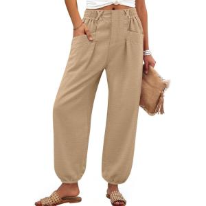 image:imageANRABESS Womens Pants Elastic Waist Summer Casual Harem Barrel Lounge Work Slacks Cropped Beach Vacation Clothes with PocketsYellow Khaki