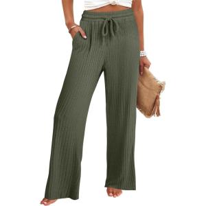 image:imageANRABESS Womens Ribbed Knit Lounge Pajama Pants Soft Fuzzy Comfy Wide Leg Drawstring Fall Loose Pj Bottoms with PocketsDeep Green