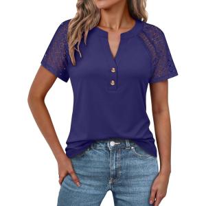 image:imageANRABESS Womens Short Sleeve Lace Shirt  Trendy Henley V Neck Blouse Versatile Business Casual Office Top for Work amp SummerNavy Blue