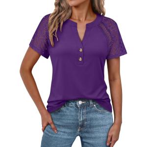 image:imageANRABESS Womens Short Sleeve Lace Shirt  Trendy Henley V Neck Blouse Versatile Business Casual Office Top for Work amp SummerPurple