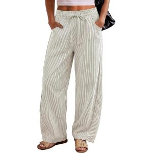 image:imageANRABESS Womens Striped Barrel Casual Pants 2026 Trendy Summer Elastic Drawstring Baggy Lounge Wide Leg Trousers with PocketsBeige Black Stripe
