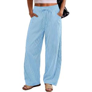 image:imageANRABESS Womens Striped Barrel Casual Pants 2026 Trendy Summer Elastic Drawstring Baggy Lounge Wide Leg Trousers with PocketsBlue White Stripe