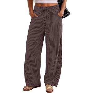 image:imageANRABESS Womens Striped Barrel Casual Pants 2026 Trendy Summer Elastic Drawstring Baggy Lounge Wide Leg Trousers with PocketsBrown White Stripe