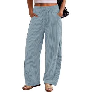 image:imageANRABESS Womens Striped Barrel Casual Pants 2026 Trendy Summer Elastic Drawstring Baggy Lounge Wide Leg Trousers with PocketsDusty Blue White Stripe