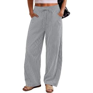 image:imageANRABESS Womens Striped Barrel Casual Pants 2026 Trendy Summer Elastic Drawstring Baggy Lounge Wide Leg Trousers with PocketsGrey White Stripe