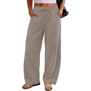 image:imageANRABESS Womens Striped Barrel Casual Pants 2026 Trendy Summer Elastic Drawstring Baggy Lounge Wide Leg Trousers with PocketsKhaki White Stripe