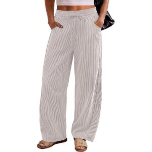 image:imageANRABESS Womens Striped Barrel Casual Pants 2026 Trendy Summer Elastic Drawstring Baggy Lounge Wide Leg Trousers with PocketsLight Brown White Stripe