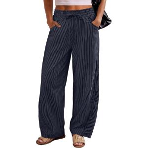 image:imageANRABESS Womens Striped Barrel Casual Pants 2026 Trendy Summer Elastic Drawstring Baggy Lounge Wide Leg Trousers with PocketsNavy Blue White Stripe