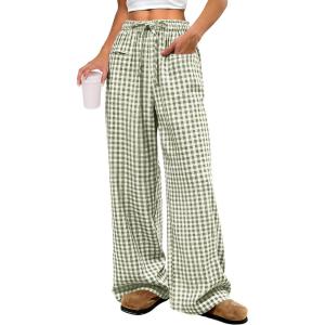 image:imageANRABESS Womens Striped Gingham Pants 2026 Pajama Drawstring Wide Leg Lounge Plaid Pants Cute Casual Trousers with PocketsArmy Green White Plaid