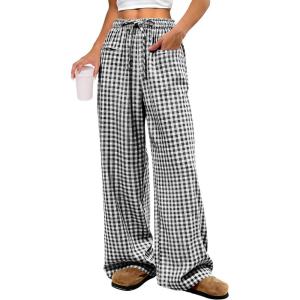image:imageANRABESS Womens Striped Gingham Pants 2026 Pajama Drawstring Wide Leg Lounge Plaid Pants Cute Casual Trousers with PocketsBlack White Plaid