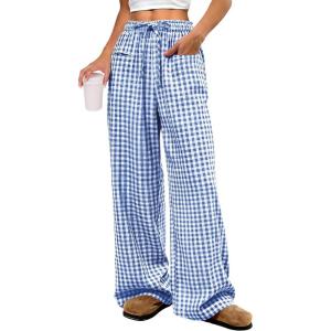 image:imageANRABESS Womens Striped Gingham Pants 2026 Pajama Drawstring Wide Leg Lounge Plaid Pants Cute Casual Trousers with PocketsBlue White Plaid