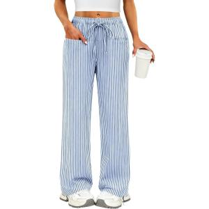image:imageANRABESS Womens Striped Gingham Pants 2026 Pajama Drawstring Wide Leg Lounge Plaid Pants Cute Casual Trousers with PocketsBlue White Stripe