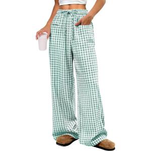 image:imageANRABESS Womens Striped Gingham Pants 2026 Pajama Drawstring Wide Leg Lounge Plaid Pants Cute Casual Trousers with PocketsGreen White Plaid
