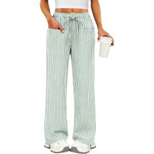 image:imageANRABESS Womens Striped Gingham Pants 2026 Pajama Drawstring Wide Leg Lounge Plaid Pants Cute Casual Trousers with PocketsGreen White Stripe