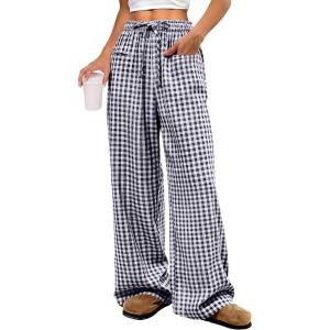 image:imageANRABESS Womens Striped Gingham Pants 2026 Pajama Drawstring Wide Leg Lounge Plaid Pants Cute Casual Trousers with PocketsNavy Blue White Plaid