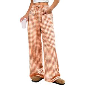 image:imageANRABESS Womens Striped Gingham Pants 2026 Pajama Drawstring Wide Leg Lounge Plaid Pants Cute Casual Trousers with PocketsOrange White Plaid