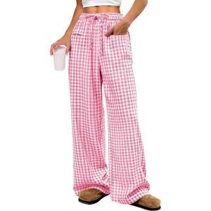 image:imageANRABESS Womens Striped Gingham Pants 2026 Pajama Drawstring Wide Leg Lounge Plaid Pants Cute Casual Trousers with PocketsPink White Plaid
