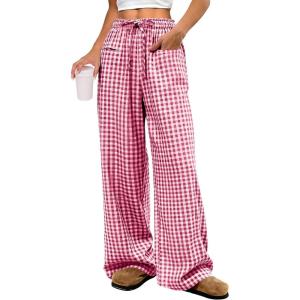 image:imageANRABESS Womens Striped Gingham Pants 2026 Pajama Drawstring Wide Leg Lounge Plaid Pants Cute Casual Trousers with PocketsRed White Plaid