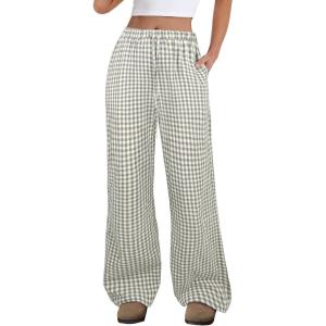 image:imageANRABESS Womens Striped Gingham Pants 2026 Spring Pajama Lounge Boxer Pants Casual Wide Leg Drawstring PJ Bottoms TrousersArmy Green White Plaid