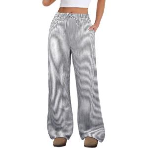 image:imageANRABESS Womens Striped Gingham Pants 2026 Spring Pajama Lounge Boxer Pants Casual Wide Leg Drawstring PJ Bottoms TrousersBlack White Stripe