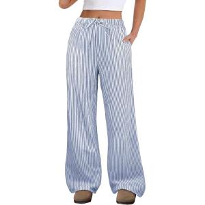 image:imageANRABESS Womens Striped Gingham Pants 2026 Spring Pajama Lounge Boxer Pants Casual Wide Leg Drawstring PJ Bottoms TrousersBlue White Stripe