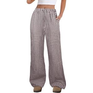 image:imageANRABESS Womens Striped Gingham Pants 2026 Spring Pajama Lounge Boxer Pants Casual Wide Leg Drawstring PJ Bottoms TrousersBrown White Plaid