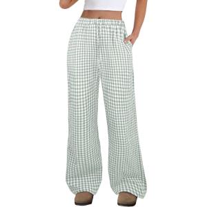 image:imageANRABESS Womens Striped Gingham Pants 2026 Spring Pajama Lounge Boxer Pants Casual Wide Leg Drawstring PJ Bottoms TrousersGreen White Plaid