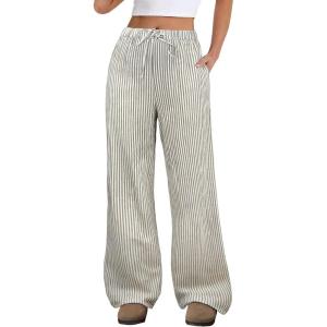 image:imageANRABESS Womens Striped Gingham Pants 2026 Spring Pajama Lounge Boxer Pants Casual Wide Leg Drawstring PJ Bottoms TrousersGreen White Stripe