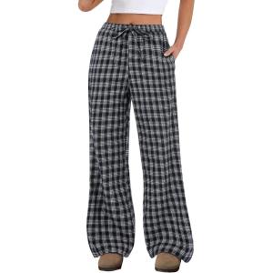 image:imageANRABESS Womens Striped Gingham Pants 2026 Spring Pajama Lounge Boxer Pants Casual Wide Leg Drawstring PJ Bottoms TrousersMulti Black Plaid
