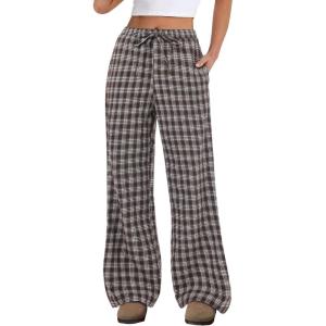 image:imageANRABESS Womens Striped Gingham Pants 2026 Spring Pajama Lounge Boxer Pants Casual Wide Leg Drawstring PJ Bottoms TrousersMulti Coffee Plaid