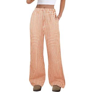image:imageANRABESS Womens Striped Gingham Pants 2026 Spring Pajama Lounge Boxer Pants Casual Wide Leg Drawstring PJ Bottoms TrousersOrange White Plaid