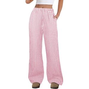 image:imageANRABESS Womens Striped Gingham Pants 2026 Spring Pajama Lounge Boxer Pants Casual Wide Leg Drawstring PJ Bottoms TrousersPink White Plaid