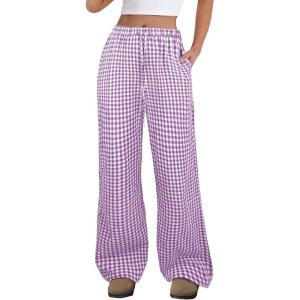 image:imageANRABESS Womens Striped Gingham Pants 2026 Spring Pajama Lounge Boxer Pants Casual Wide Leg Drawstring PJ Bottoms TrousersPurple White Plaid