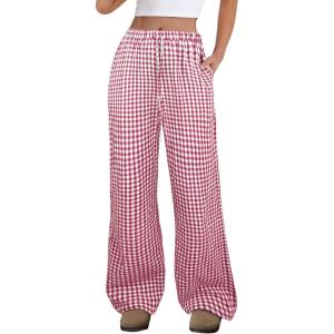 image:imageANRABESS Womens Striped Gingham Pants 2026 Spring Pajama Lounge Boxer Pants Casual Wide Leg Drawstring PJ Bottoms TrousersRed White Plaid