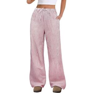 image:imageANRABESS Womens Striped Gingham Pants 2026 Spring Pajama Lounge Boxer Pants Casual Wide Leg Drawstring PJ Bottoms TrousersRed White Stripe