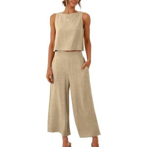 image:imageANRABESS Womens Summer 2 Piece Outfits Sleeveless Crop Top Capri Wide Leg Pants Jumpsuit Linen Lounge Beach Travel SetsApricot