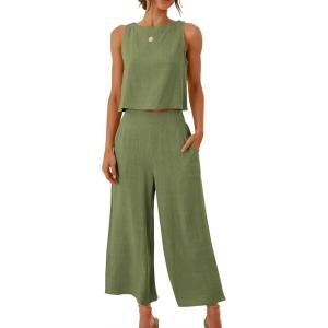 image:imageANRABESS Womens Summer 2 Piece Outfits Sleeveless Crop Top Capri Wide Leg Pants Jumpsuit Linen Lounge Beach Travel SetsArmy Green