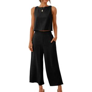 image:imageANRABESS Womens Summer 2 Piece Outfits Sleeveless Crop Top Capri Wide Leg Pants Jumpsuit Linen Lounge Beach Travel SetsBlack