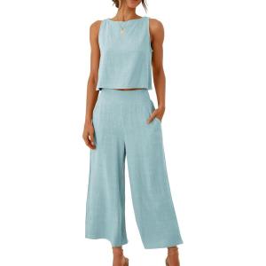 image:imageANRABESS Womens Summer 2 Piece Outfits Sleeveless Crop Top Capri Wide Leg Pants Jumpsuit Linen Lounge Beach Travel SetsBlue