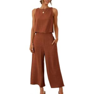image:imageANRABESS Womens Summer 2 Piece Outfits Sleeveless Crop Top Capri Wide Leg Pants Jumpsuit Linen Lounge Beach Travel SetsBrick Red